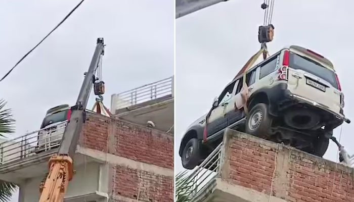ویڈیو: چوروں سے خوفزدہ شہری اپنی گاڑی کرین کے ذریعے چھت پر لے گیا