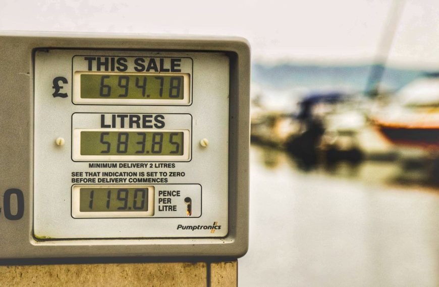 Blurred background view with focus on fuel pump display showing price and liters.
