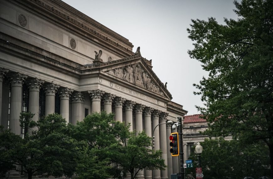 A view of the National Archives Building in Washington D.C. showcasing classic architecture.