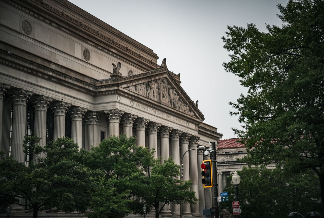 A view of the National Archives Building in Washington D.C. showcasing classic architecture.